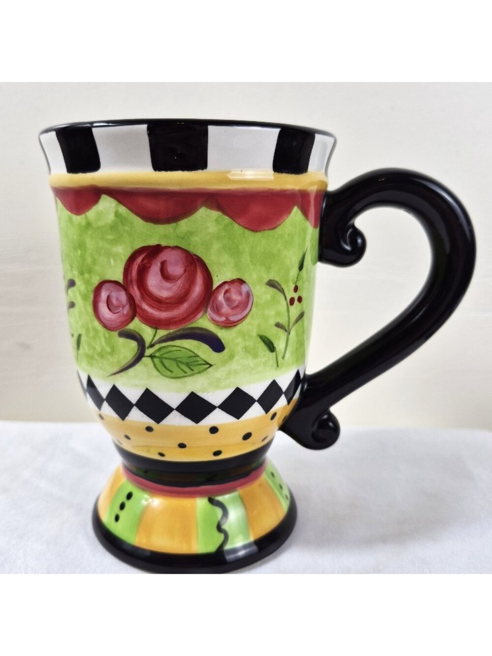 Certified International Rose Garden Sue Zipkin Footed Mug Floral Checkerboard 6"